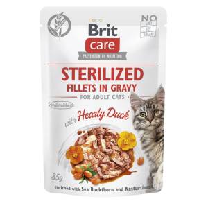 Brit Care Sterilized Fillets in Gravy Hearty Duck drėgnas maistas sterilizuotoms katėms, 85 g