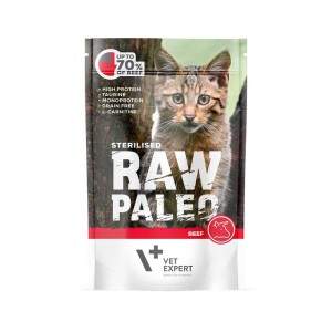 Raw Paleo konservai sterilizuotoms katėms su jautiena ir lašišų aliejumi, begrūdis 100 g