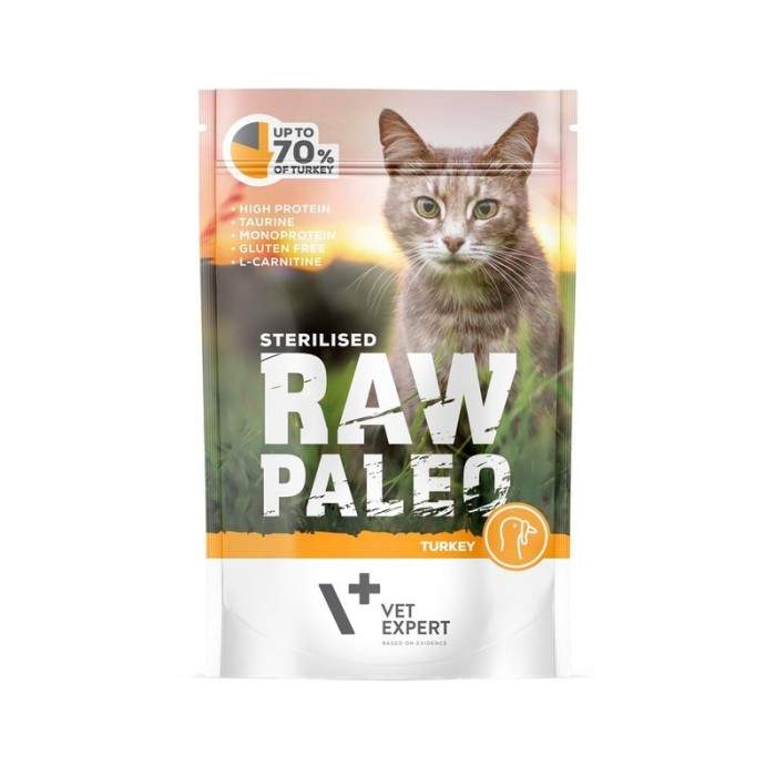 Сырые палео -консервированные стерилизованные кошки с индейкой и подсолнечным маслом, задерживались 100 г Raw Paleo - 1