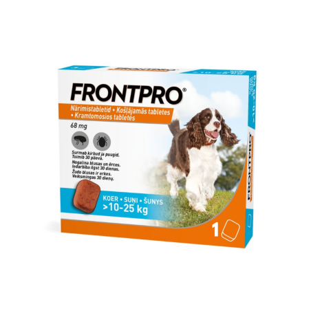 Frontpro košļājamās tabletes pret ērcēm un blusām suņiem (10-25 kg), 1 gab.