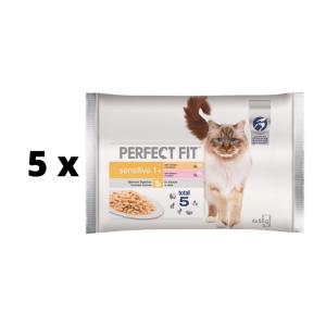 Konservuotas ėdalas PERFECT FIT suaugusioms katėms su vištiena ir lašiša, 4x85 g  x  5 vnt. pakuotė