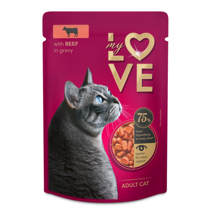 MY LOVE täisväärtuslik konservtoit täiskasvanud kassidele veiselihaga õrnas kastmes, 85 g