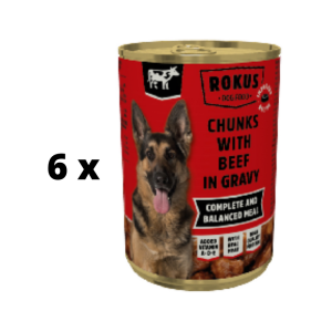 Konservuotas šunų ėdalas ROKUS, su jautiena, 415 g  x  6 vnt. pakuotė