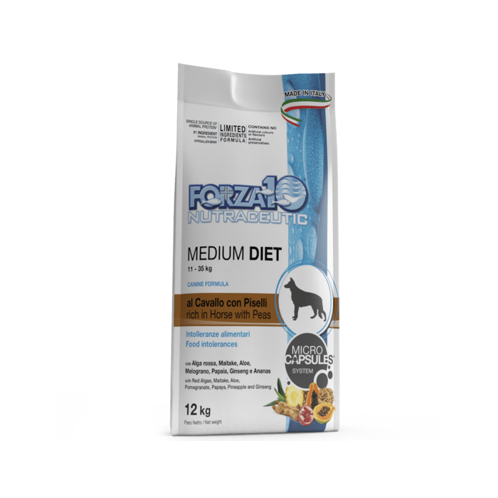 Forza10 Medium Diet Low Grain Horse and Peas dietinis, sausas maistas šunims, su maisto netoleravimu ir alergijomis, 12 kg Forza