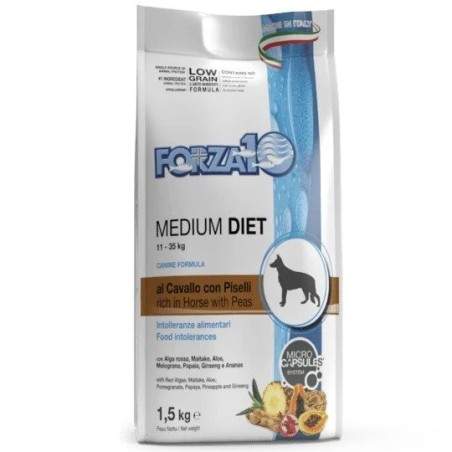 Forza10 Medium Diet Low Grain Horse and Peas dietinis, sausas maistas šunims, su maisto netoleravimu ir alergijomis, 1,5 kg Forz