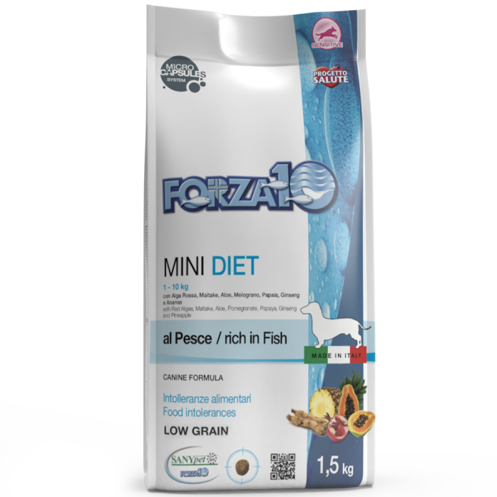 Forza10 Mini Diet Low Grain with Fish dietinis, sausas maistas mažų veislių šunims, su maisto netoleravimu ir alergijomis, 1,5 k