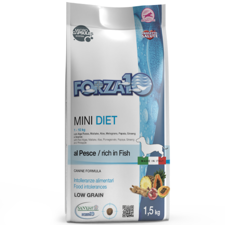 Forza10 Mini Diet Low Grain with Fish dietinis, sausas maistas mažų veislių šunims, su maisto netoleravimu ir alergijomis, 1,5 k