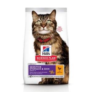 Hill's Science Plan Sensitive Stomach and Skin Adult Chicken sausas maistas katėms, virškinimo ir kailio būklės gerinimui, 7 kg 