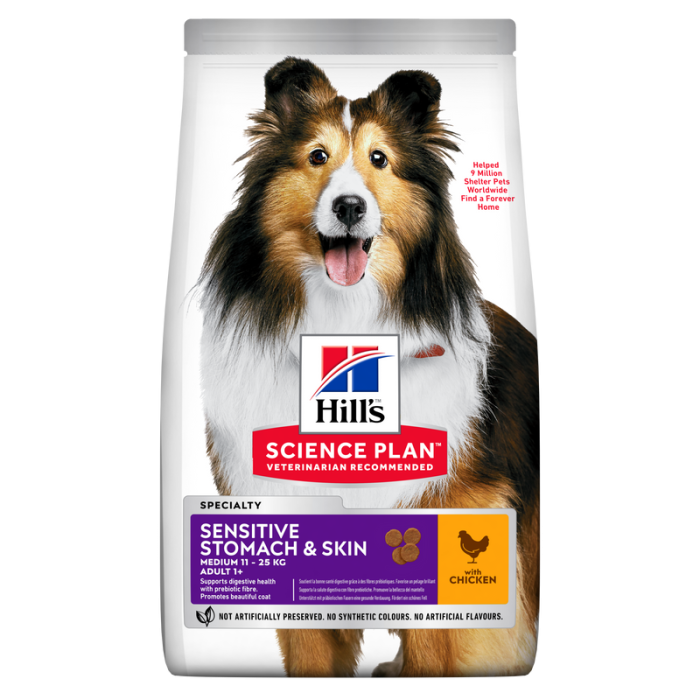 Hill's Science Plan Sensitive Stomach and Skin Medium Adult sausā barība vidējo šķirņu suņiem, gremošanai un kažoka spīdumam, 14